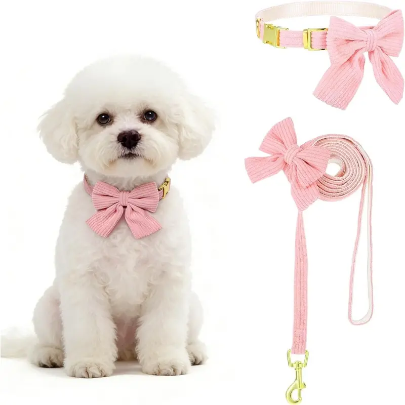 Cute Small Dog Harness Collar and Leash Set with Detachable Bowtie, Adjustable Dog Harness Collar and Leash Set with Secure Metal Buckle for Daily Walking, Parties & Holiday, Puppy Harness