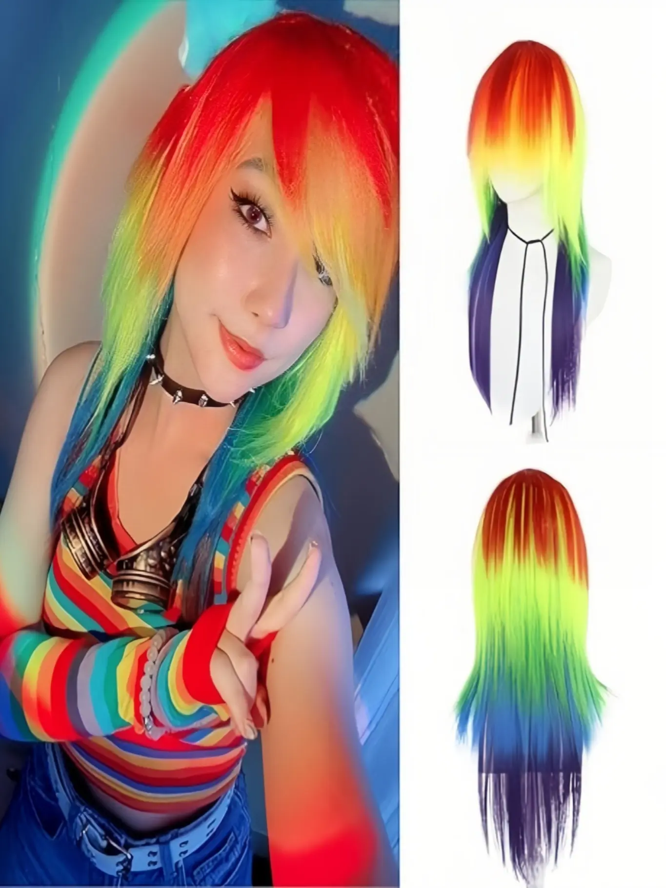 Rainbow Wig Scene Long Straight Colorful Synthetic Hair, Pride Wigs for Women Men, Multi-Colored Wigs for Anime Cosplay, Halloween Costume
