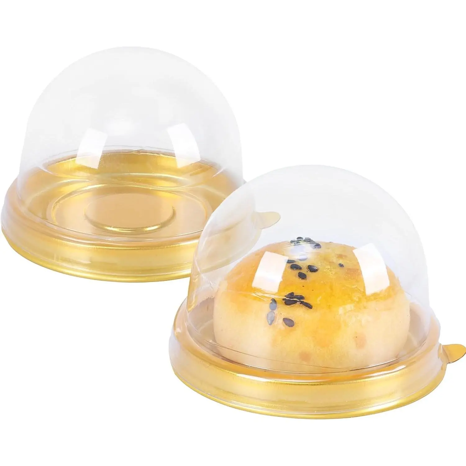 50 Pcs Mini Cake Containers with Clear Dome Lids Gold-trimmed Plastic mini flan containers for Individual Chocolate Covered Cookies, Mooncake, Cheesecake, Cocoa Bomb