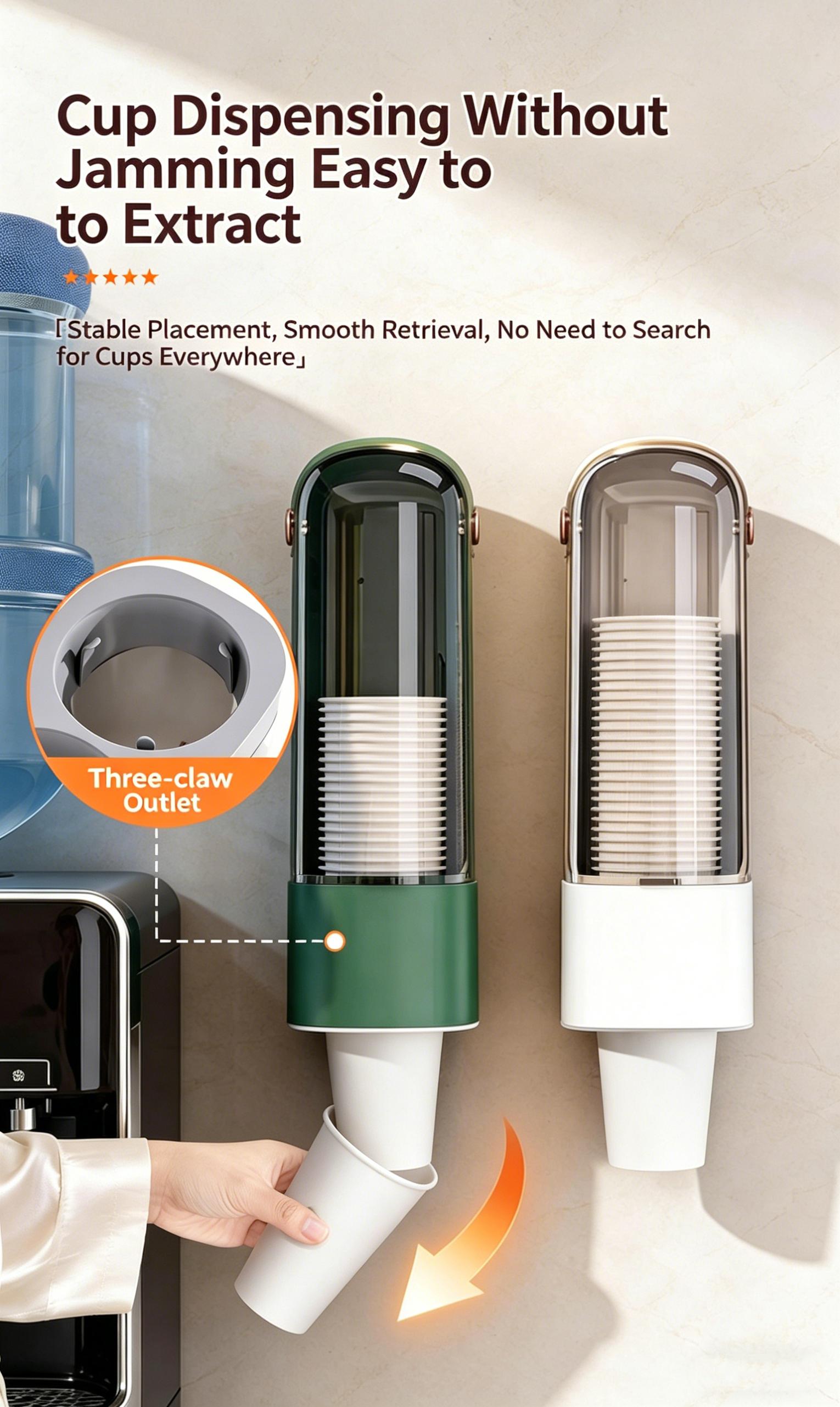 One-touch cup dispenser, automatic water dispenser, no-drill paper cup holder, dustproof kitchen storage rack, wall-mounted cup holder