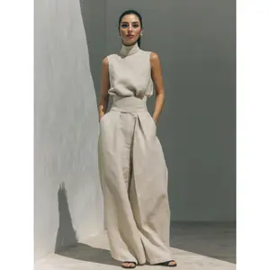 Elegant Linen Blend two piece set for Women, Chic Mock Neck Sleeveless Halter Top with High Waisted Wide Leg linen pants, Trendy Old Money Aesthetic matching set and 2 piece sets women for Summer Vacation, Office and Resort Wear Outfit  Outfit Womenswear
