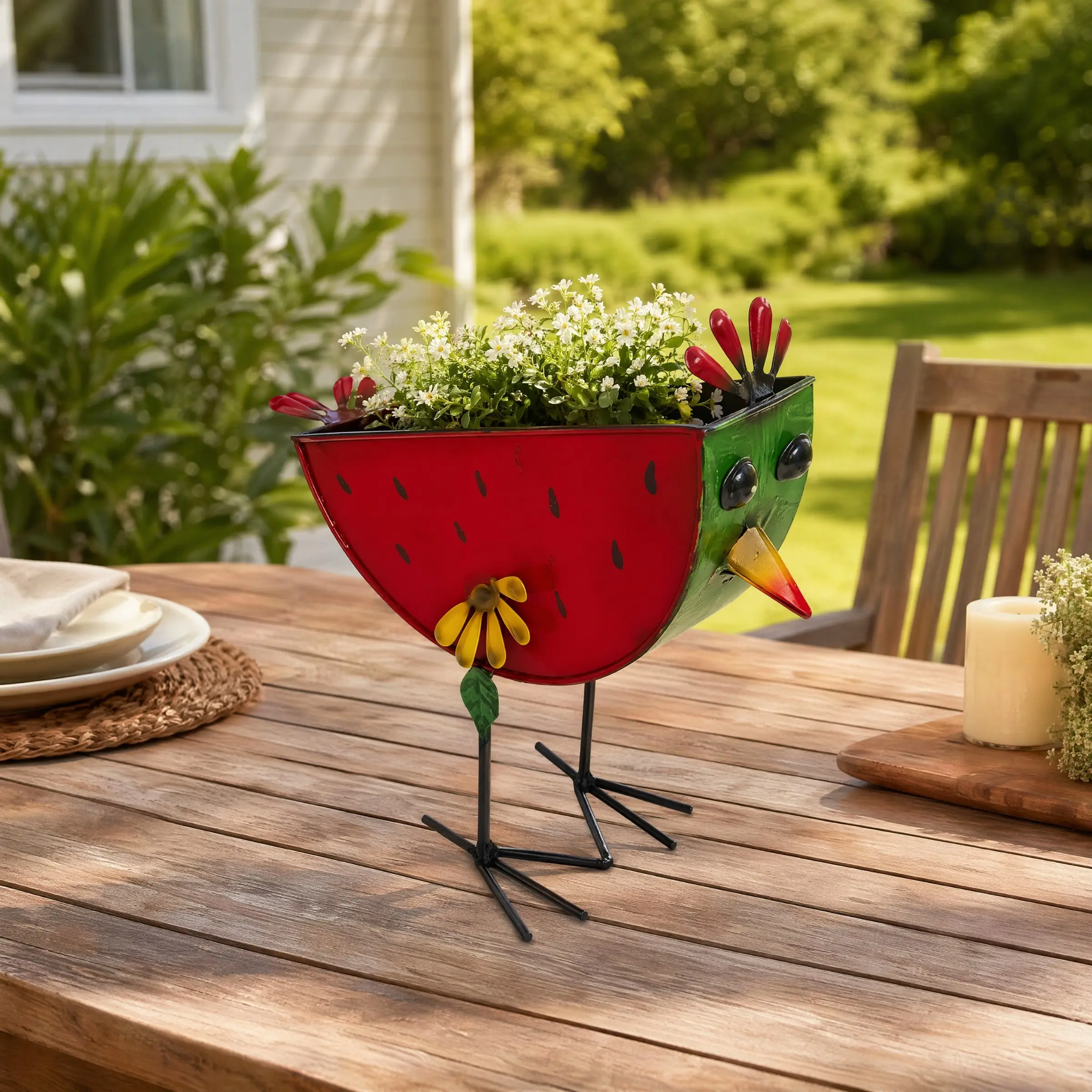 Metal Watermelon Chicken Planter Pot, Cute Bird Shaped Succulent Flower Pot, Hand Painted Iron Hen Plant Container, Decorative Garden Ornament, Metal Planters