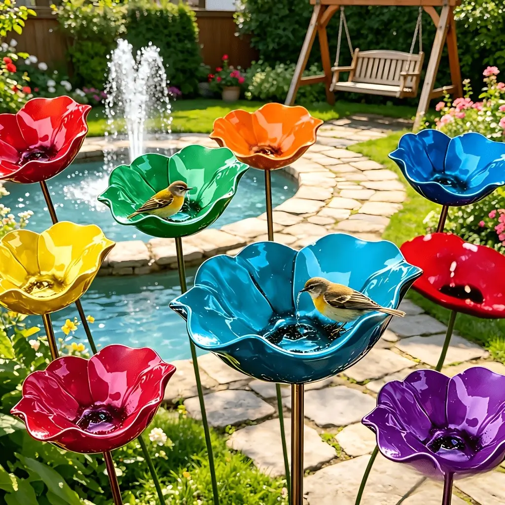 Metal Garden Stand, Multicolor Outdoor Courtyard Art Decor, Solar Bird Bath & Bee Waterer, Weather-Resistant Patio Lawn Decoration, Spring Summer Decor