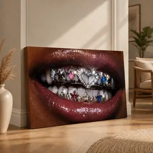 Sparkling  Lips Horizontal Canvas Wall Art, Glam Hip-Hop Style Gem Mouth Poster, Home Decor for Living Room Bedroom Studio, Available as Unframed Canvas Poster or Framed Canvas Wrap