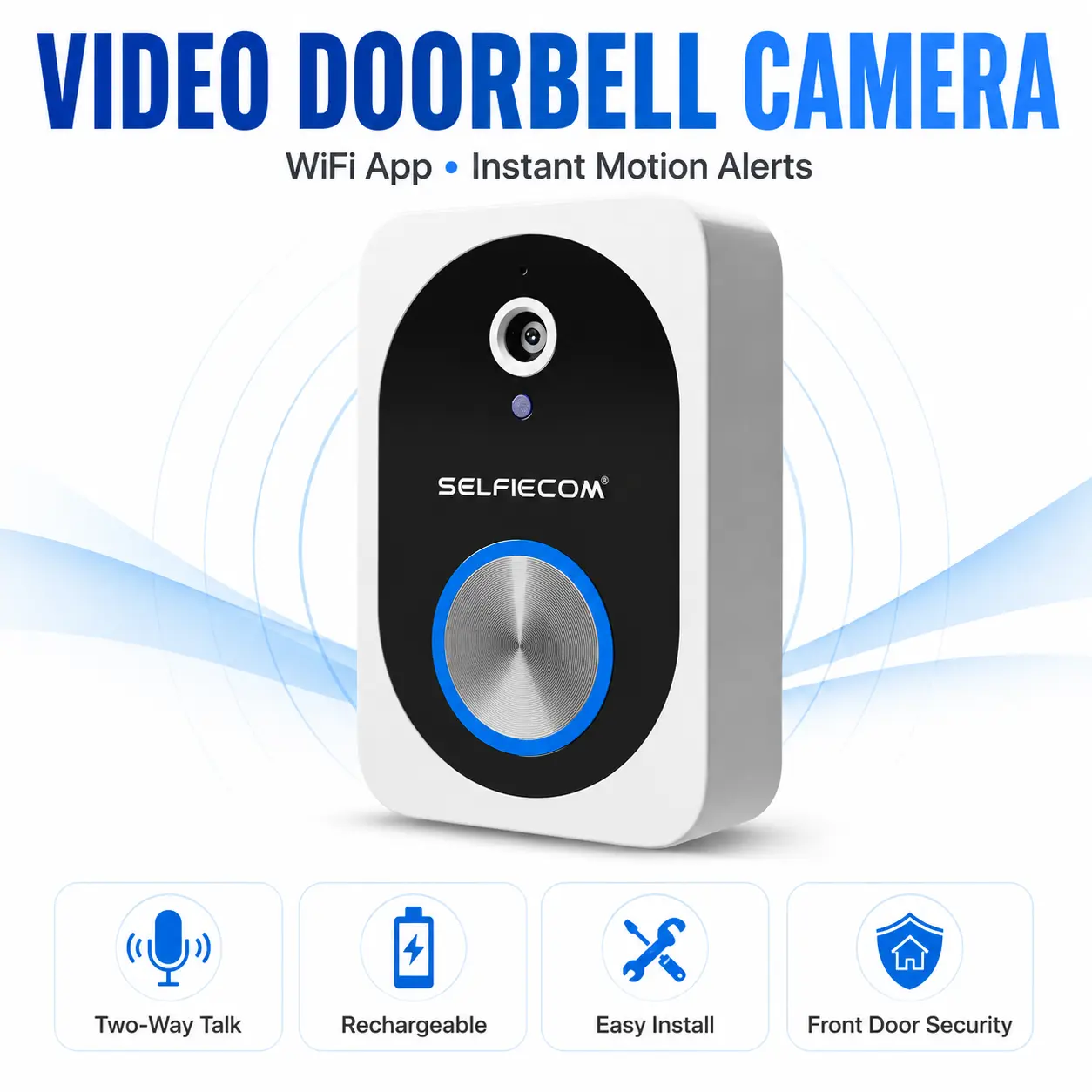 Smart Wireless WiFi Video Doorbell Camera, App Remote Control with Two‑Way Audio, Instant Motion Alerts, Rechargeable Battery, Easy DIY Home Installation