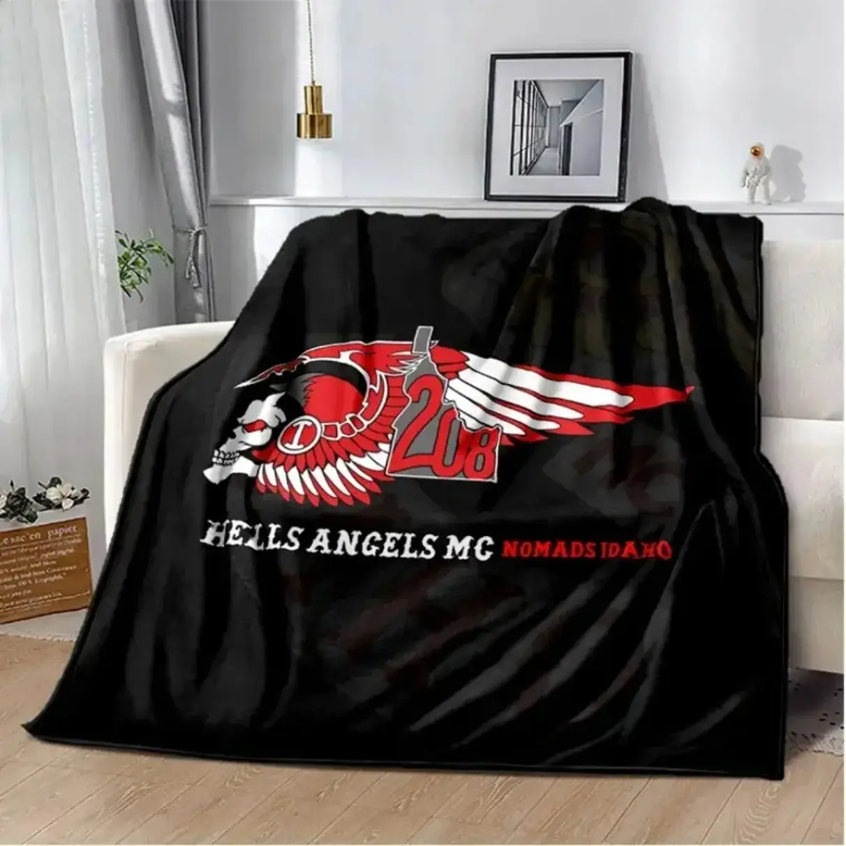 Hells Angels MC Biker Club Cozy Flannel Throw Blanket, Classic Winged Skull Motorcycle Graphic Print Blanket, Ultra Soft Warm Lightweight Home Textile Cover, Ideal Decor for Couch, Gaming Rooms & Dorm Beds, Perfect Holiday Birthday Gift for Motorcycle Bik