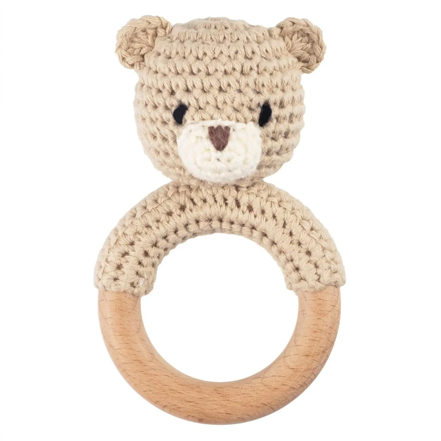 Wooden Baby Rattle with Stuffed Crochet Safari Animals and Teether Ring for Newborn, Beige Bear(Gift)