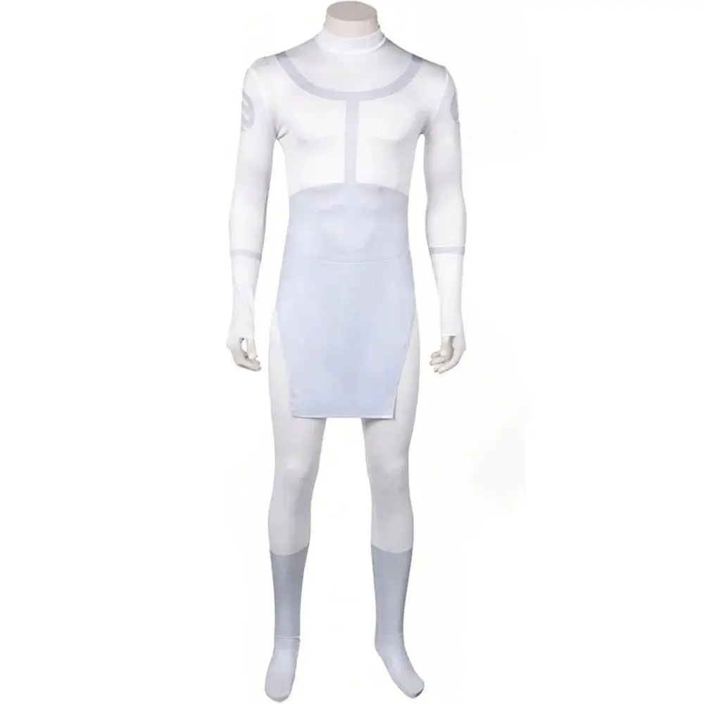 White Long Sleeve High Neck Cosplay Bodysuit Skirt Panel Stretchy Slim Fit Costume Jumpsuit Adult Sci-Fi Themed Halloween Role