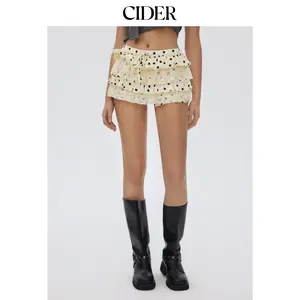 Cider Chiffon High Rise Polka Dot Tiered Lace Panel Mini Skort