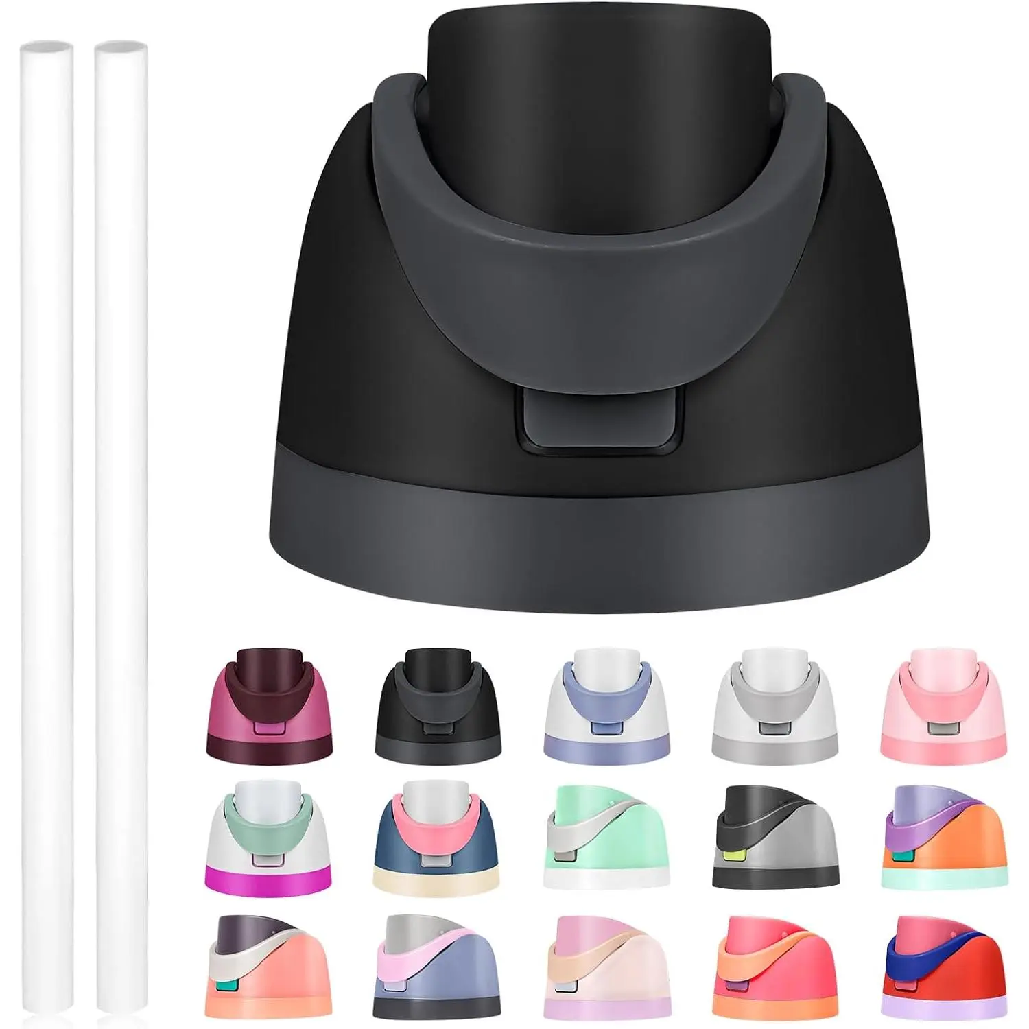 Replacement Lid for Owala Freesip, Compatible with Owala Cup 16oz 24oz 32oz 40oz, One Button Water Bottle Top Lid Replacement Accessory and Straws, Leakproof, BPA-Free (A black)