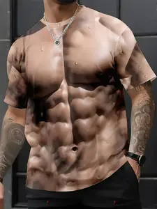 Men's Creative Abs T-Shirt, Realistic Eight-Pack Muscle Print, Lightweight Fun Top, Casual Long Sleeve Tee for Parties and Home