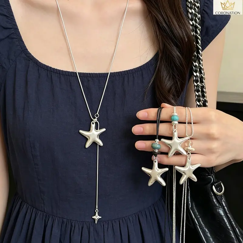 Women's Beachwear Starfish Motif Pendant Necklace - Boho Coastal Costume Jewelry with Turquoise Beads, Thin Layered Chains, Minimalist Multi-Size Ocean-Inspired for Beach Vacation & Daily Wear