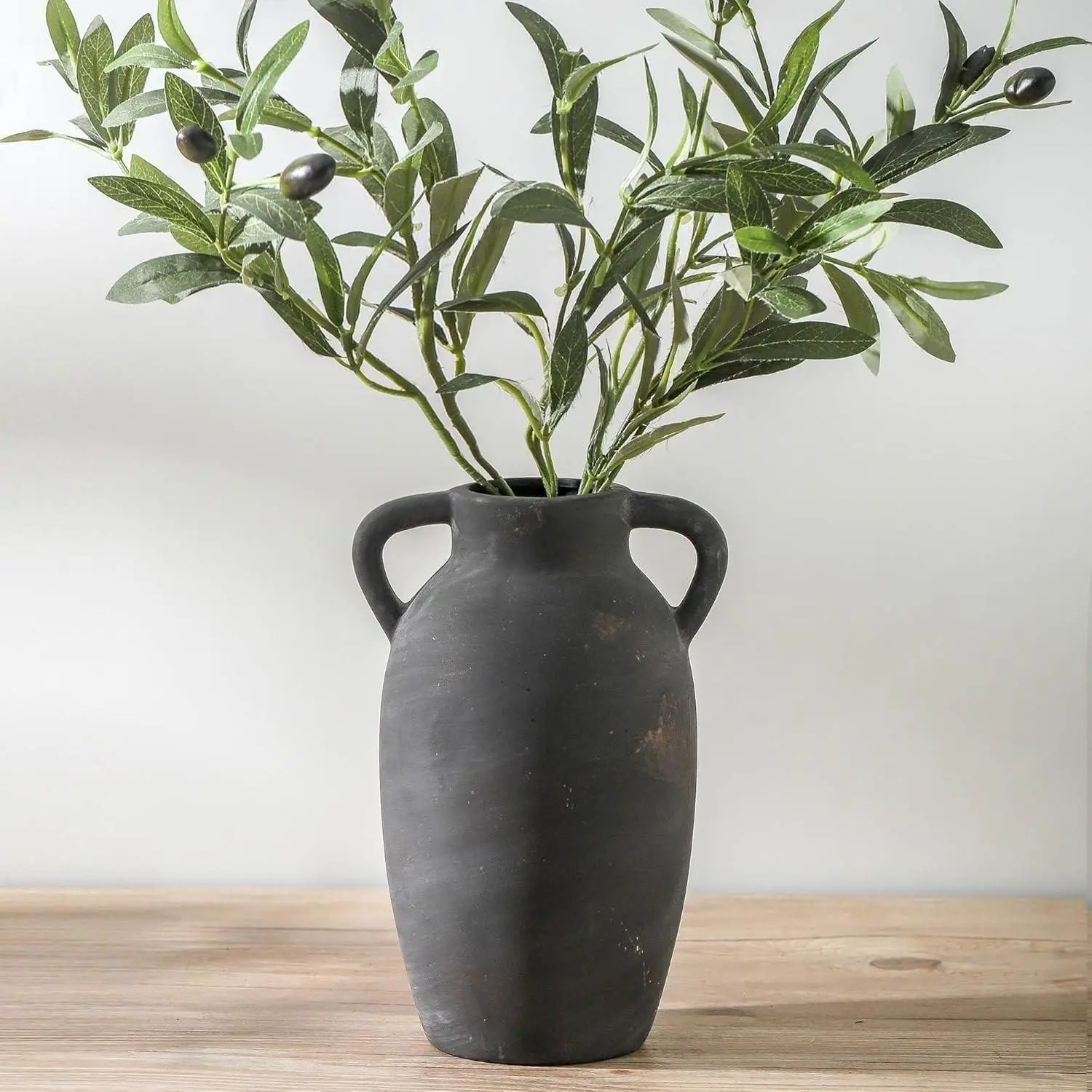Clay Farmhouse Vase, 9.6 Inch Ceramic Rural Style Vase with Two Handles, Bohemian Home Decor, Desktop Ornament, Living Room, Bookshelf Decoration