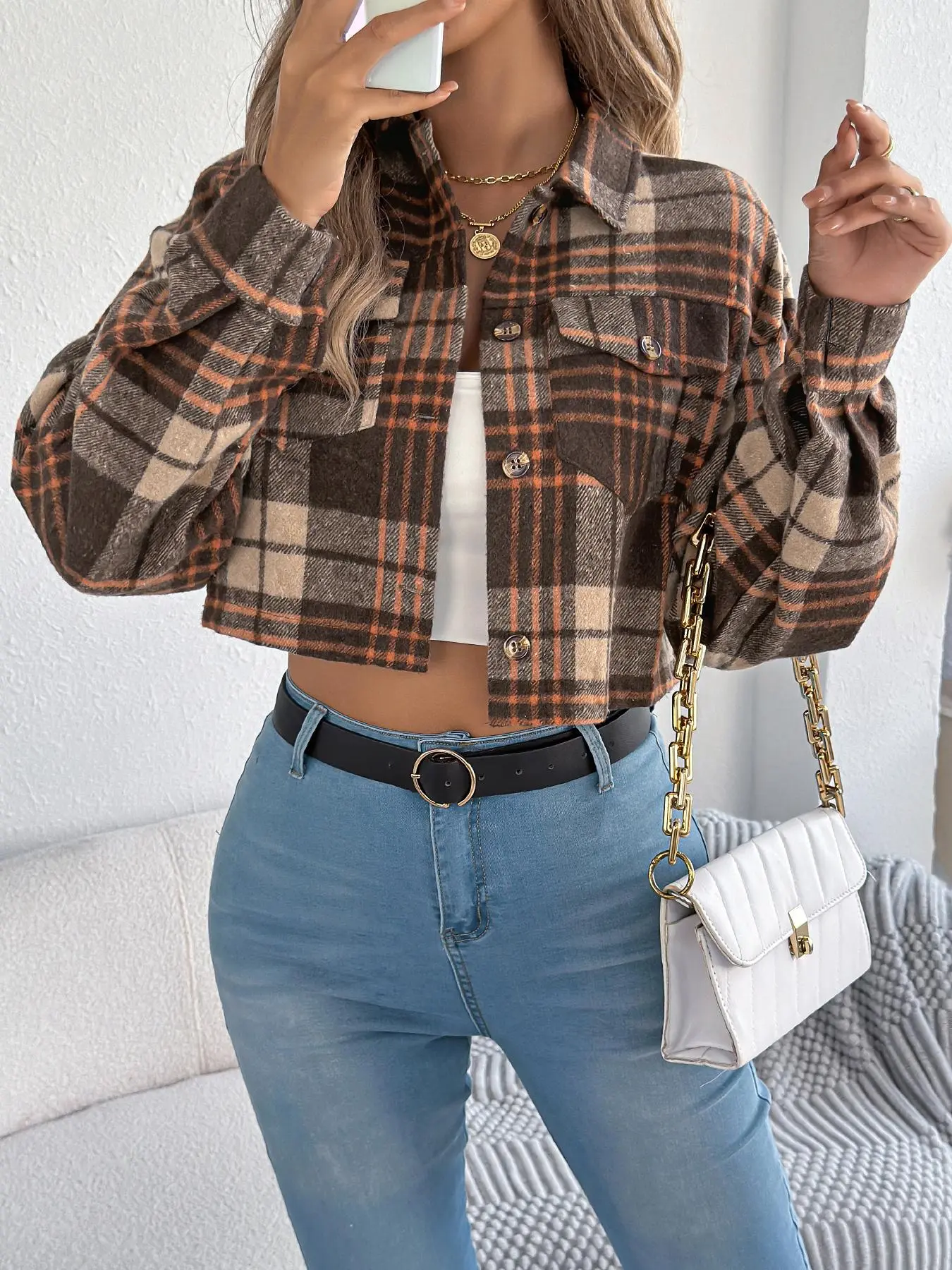 Autumn Winter Casual Colorblock Plaid Jacket, Long Sleeve Button Front Lapel Coat with Pockets, Fitted Short Length Outerwear