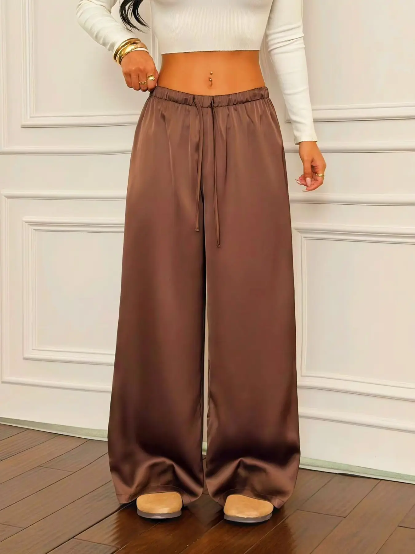 Women's Satin Palazzo Pants, Drawstring High Waist, Loose-Fitting, Casual Long Pants, Smooth and Flowy, Perfect for Vacation