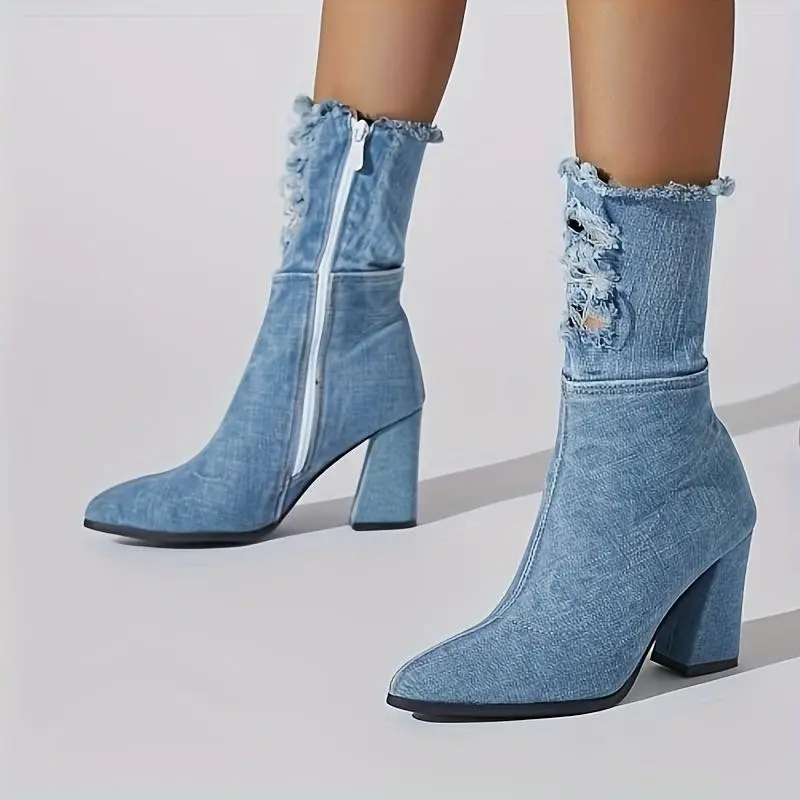 Women's Denim Thigh High Boots Cutout Over The Knee Blue Jean Boots Heel Height 8.5cm Platform Walking Shoes Elegant Footwear For Party Work Date Wedding