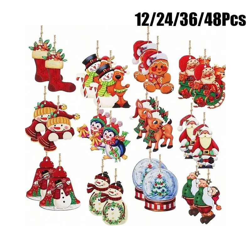 12/24/36/48 Piece Christmas Wooden Decorations, Farmhouse Style Hanging Tree Ornaments, Vintage Designs, Home Party, Winter Festival