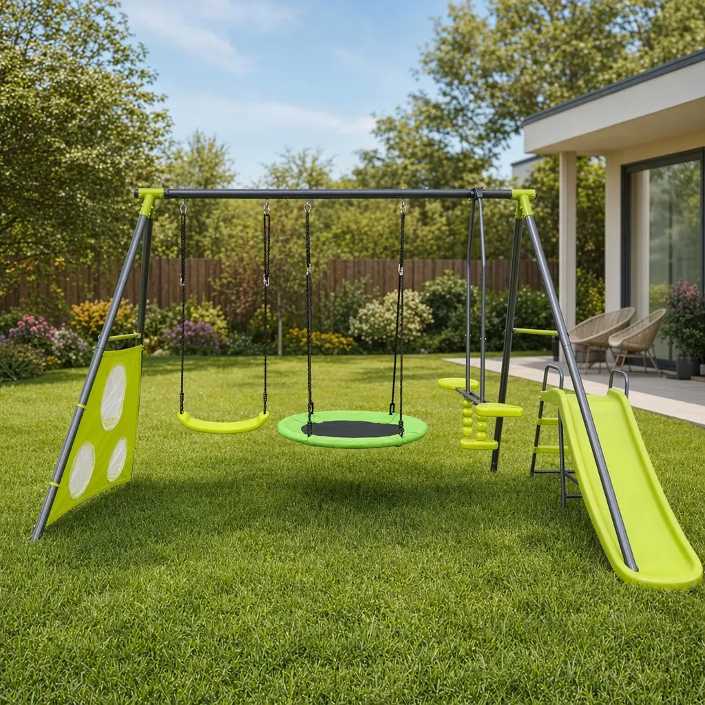 ARCH XNS052 6-Play Function Kids Sports Swing Set - Green & Blue Metal-Plastic Outdoor Furniture for Ages 3+, with Toddler Slide, 31.5 in. Round Net Swing, 440 lbs Capacity, Supports Outdoor Play & Physical Activity