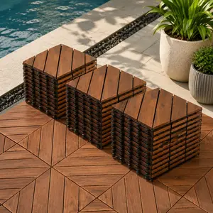 27-Piece Interlocking Acacia Wood Deck Tiles - 12x12 Diagonal Pattern Click-Parquet, Waterproof All-Weather Outdoor Flooring, Easy Snap-Together Installation, Natural Finish for Patio, Backyard