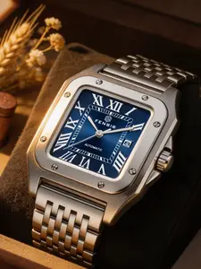 High-End Men's Quartz Watch, Square Dial, Roman Numerals, Stainless Steel Strap, Date Display, Waterproof, Business Casual Style