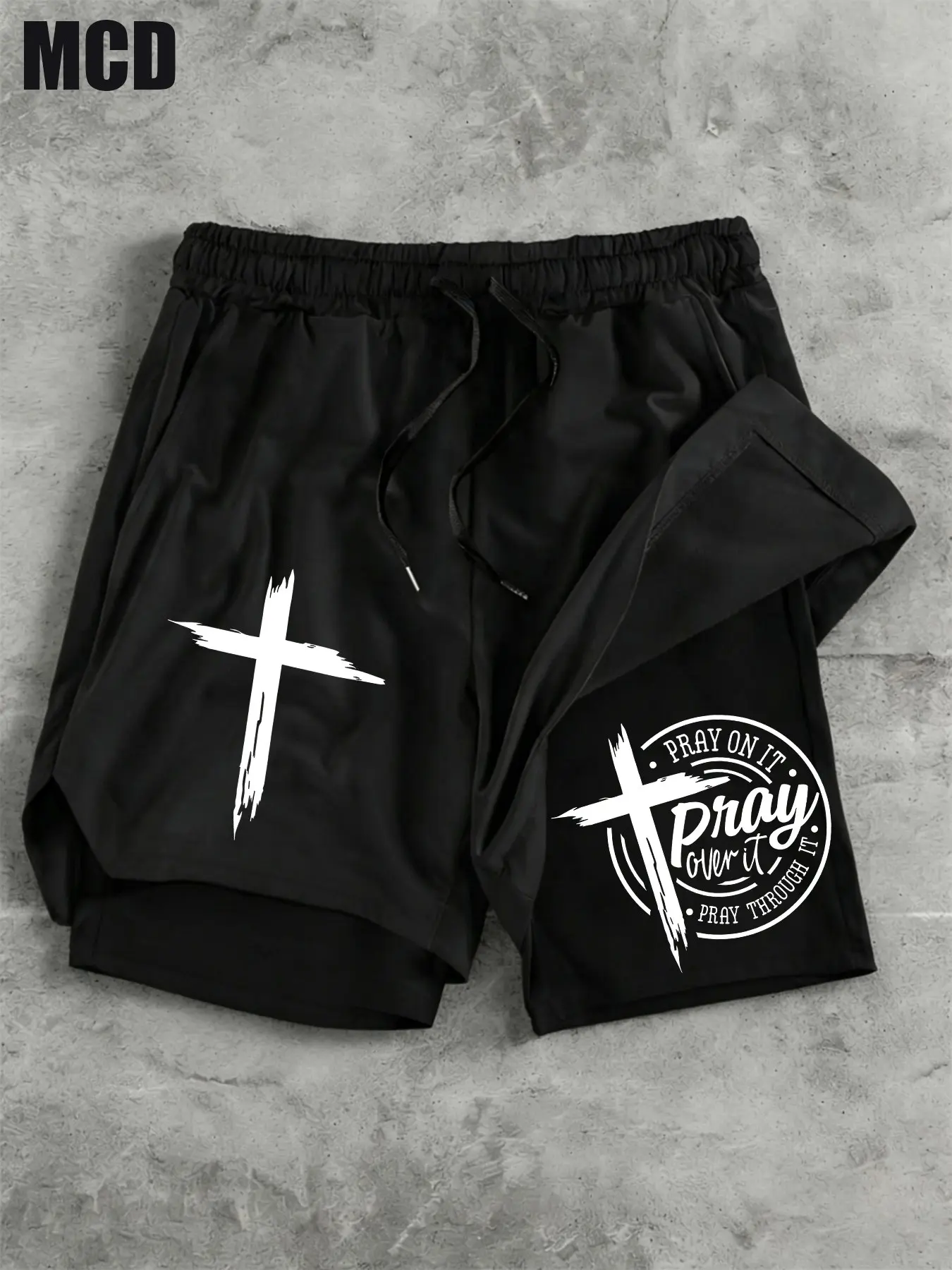 Mcd Pray over It Cross Brush Print 2 in 1 Athletic Shorts, Quick Dry Compression Shorts with Pockets, Casual Summer Streetwear, Activewear Shorts, Graphic Track Shorts