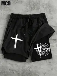 Mcd Pray over It Cross Brush Print 2 in 1 Athletic Shorts, Quick Dry Compression Shorts with Pockets, Casual Summer Streetwear