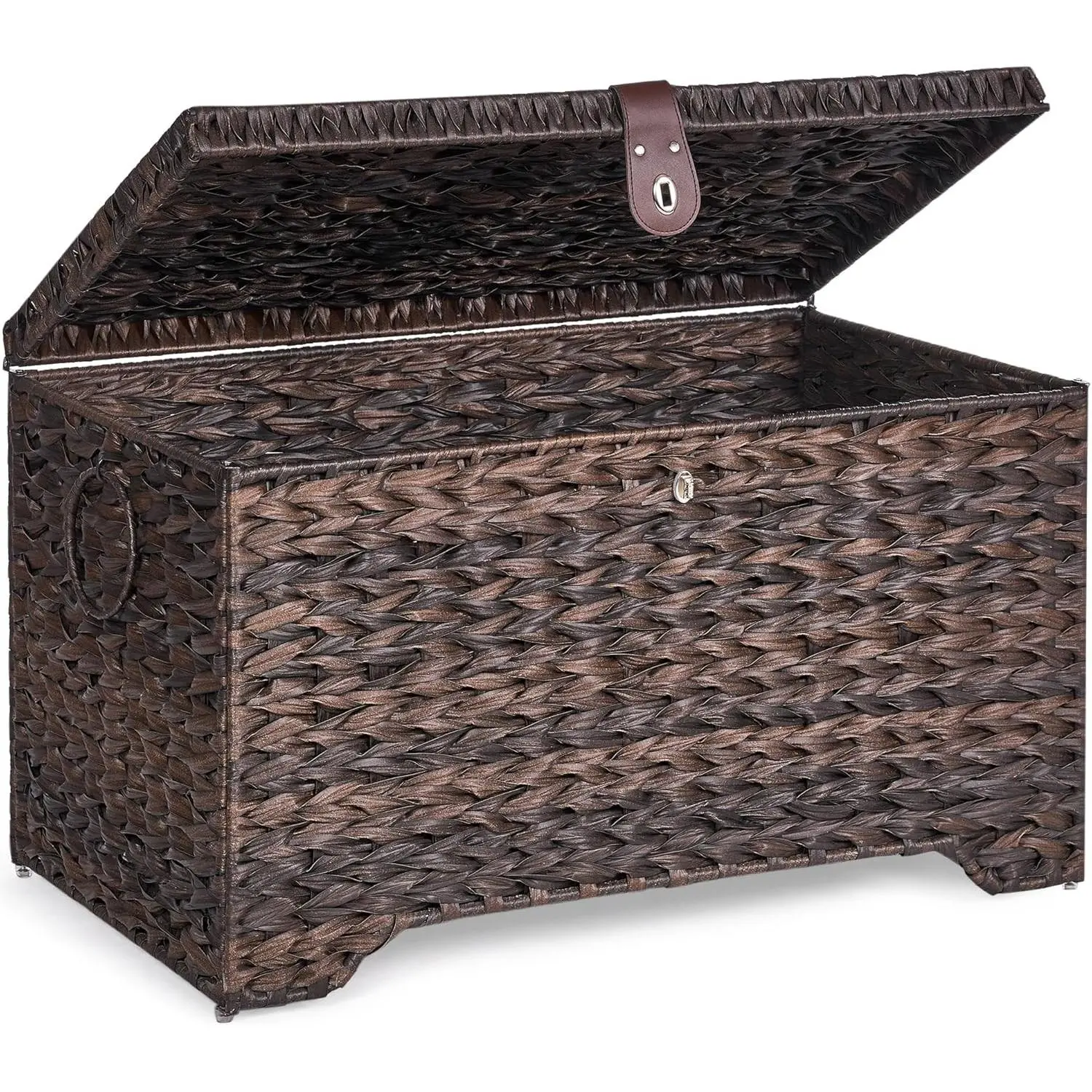 Handwoven Storage Basket with Lid, 165L Plastic Rattan Storage Bin, Leather Buckle & Metal Frame, Large Metal Ring Handles, Storage Trunk for Bedroom, Laundry Room