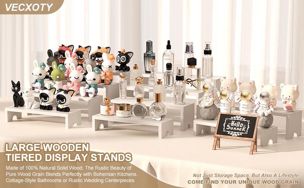 2 Set Large White Wooden Tiered Riser Display Stands for Vendor Events,Stackable Wooden Cupcake Stand,Farmhouse Wood Dessert Table Display Set,Vendor Booth Display Items,Food Display Risers for(12-11.2-10.4-9.6IN)