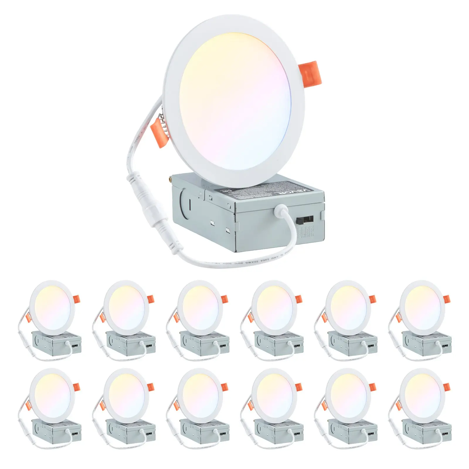 VEVOR 12-Pack 6-in High Brightness Canless LED Recessed Ceiling Lights, 5CCT Wafer Downlight with Junction Box, 12W 1100LM 120V, Adjustable 2700K/3000K/3500K/4000K/5000K, for Household Indoor Lighting