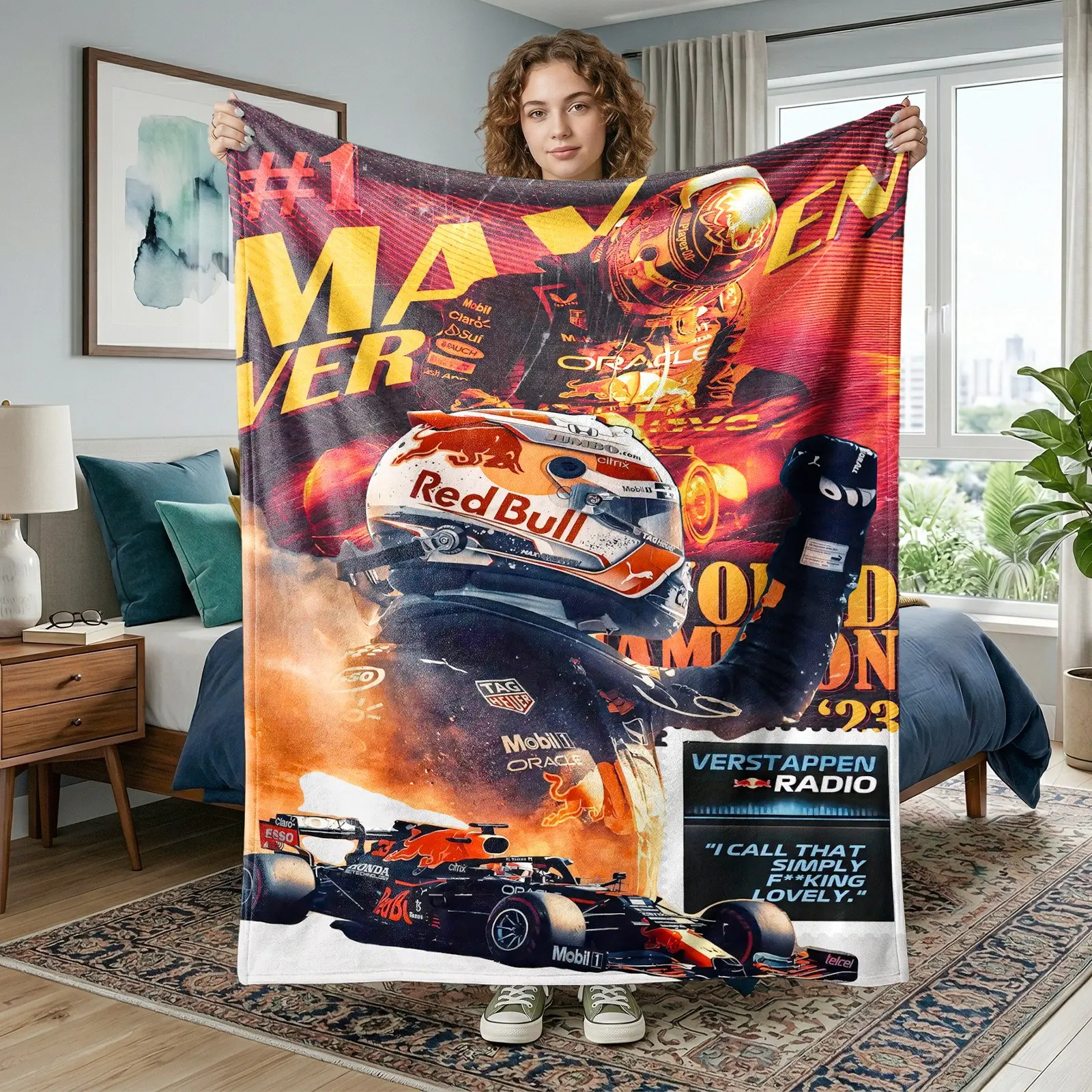 1pc Max Verstappen Red Bull F1 Racing Fleece Blanket, Red Orange Flame Background Racer Helmet Race Car Champion Poster Print. Soft Warm Throw for Sofa, Bed, Office, Game Room, Camping Trip, Ideal Christmas & Birthday Gift.