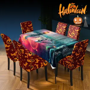 Halloween table and chair decorations, featuring a purple background with a full moon Halloween design, include a rectangular tablecloth and chair covers that are reusable. Ideal for Halloween restaurant decorations and perfect Halloween gifts!