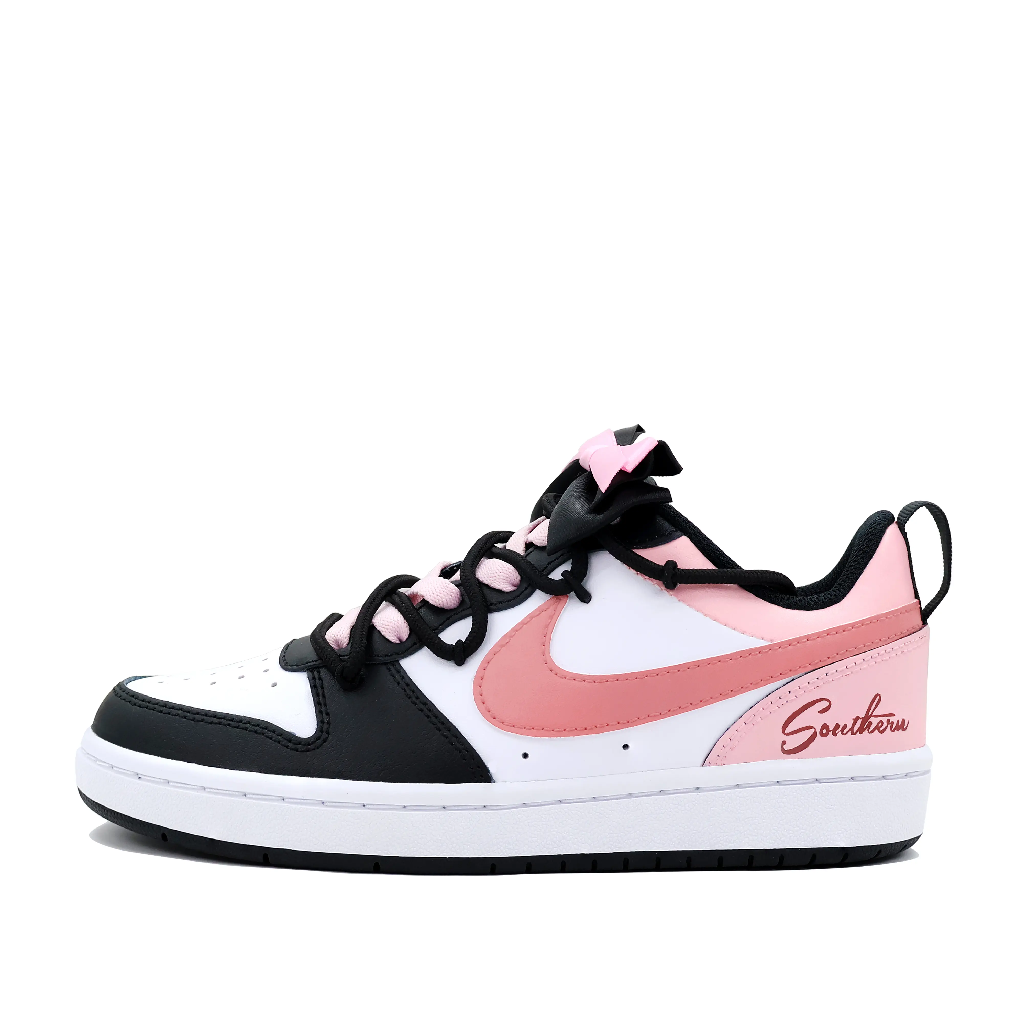 Nike Court Borough Custom Women’s Low-Top Sneakers: Pink-Black Leather with Bow Accents, Breathable, Lightweight, and Non-Slip Verifiable, with credentials and supporting global authentication