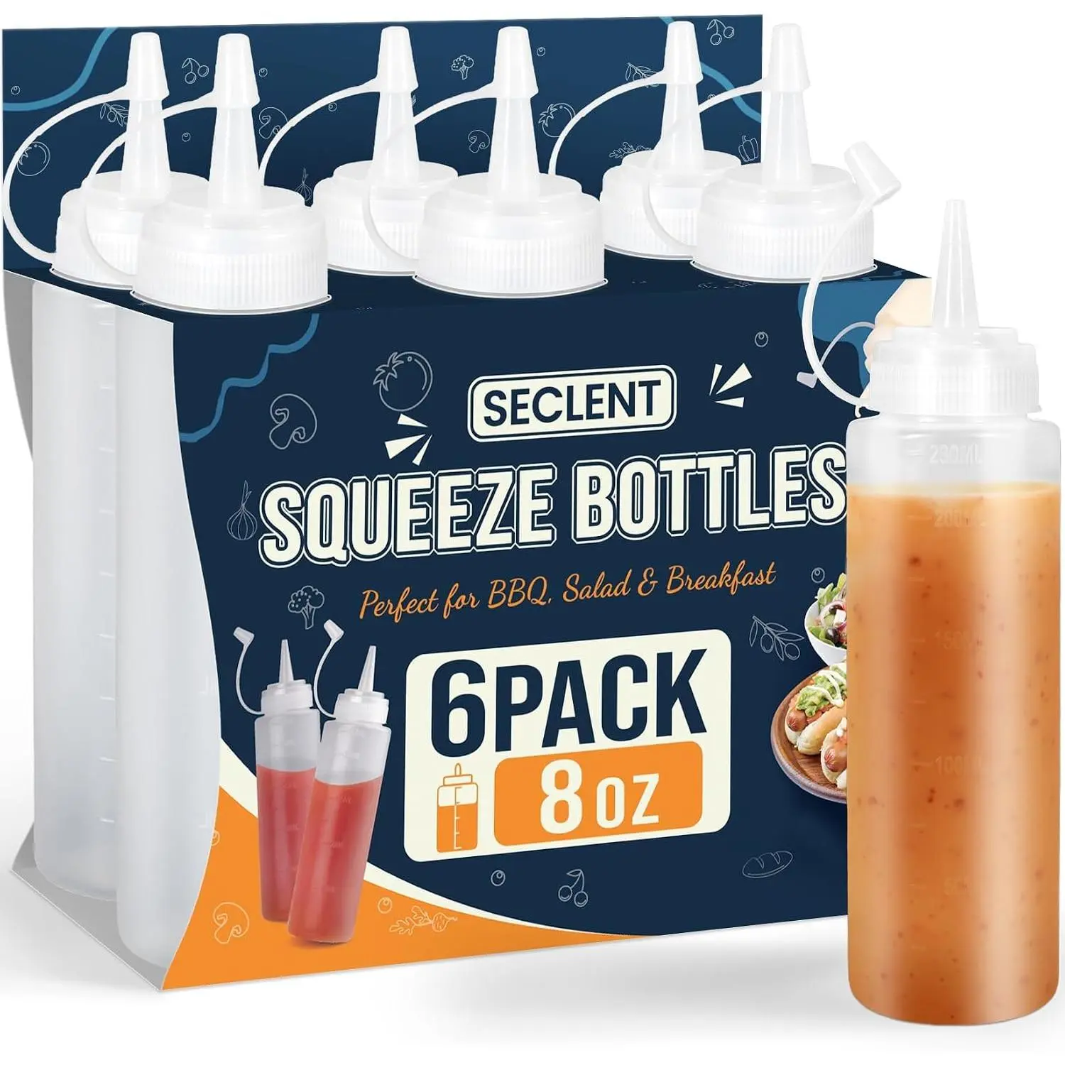 8oz Squeeze Bottles, Sauce Bottles,  Bottle, Salad Dressing Bottle | 6 Pack Condiment Squeeze Bottles for Sauces, Ketchup, Honey, Squeeze Bottles for Dressing, Syrup, Oil, Mustard