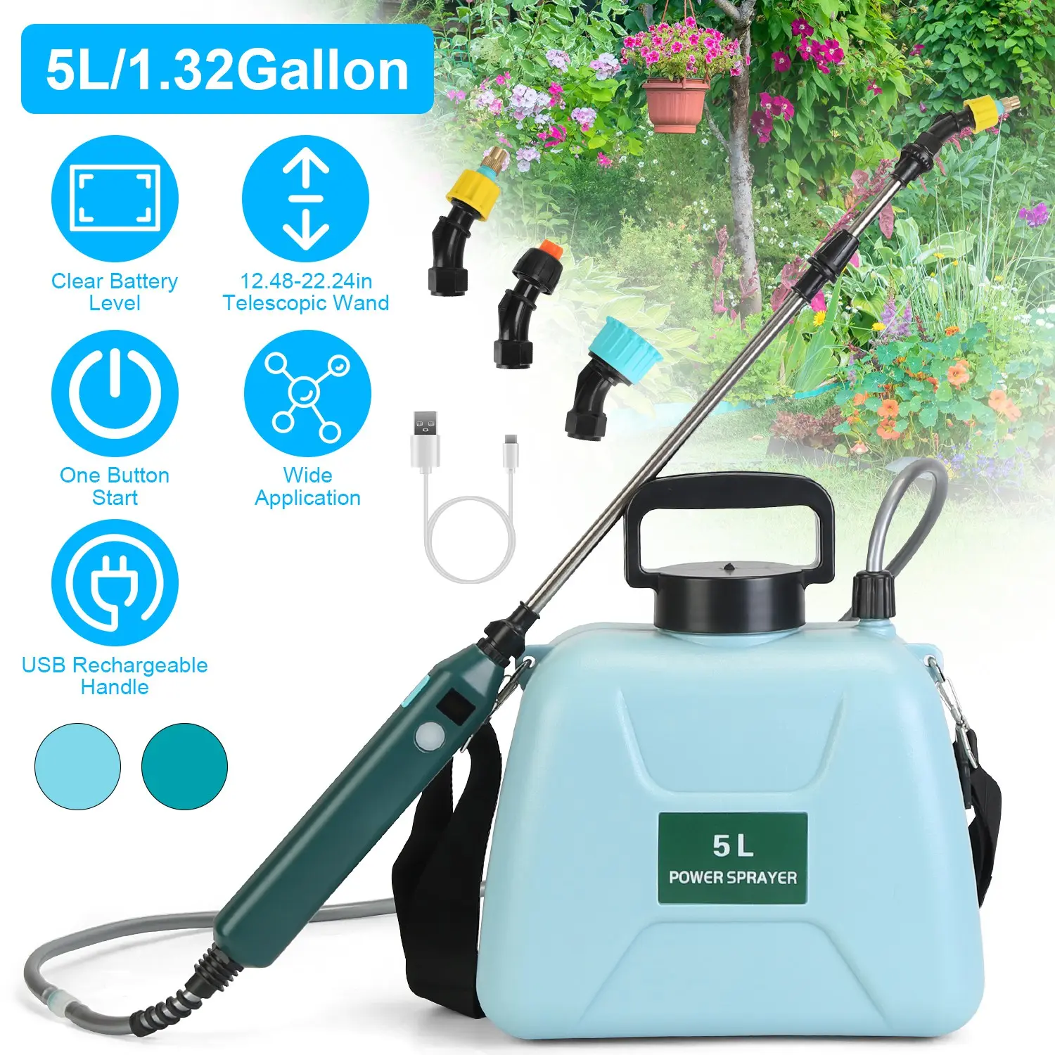 5L 1.32 Gallon Battery Operated Water Sprayer Portable Garden Sprayer Electric Sprayer with Rechargeable Handle Telescopic Wand 3 Spray Nozzles Shoulder Strap for Lawn Garden