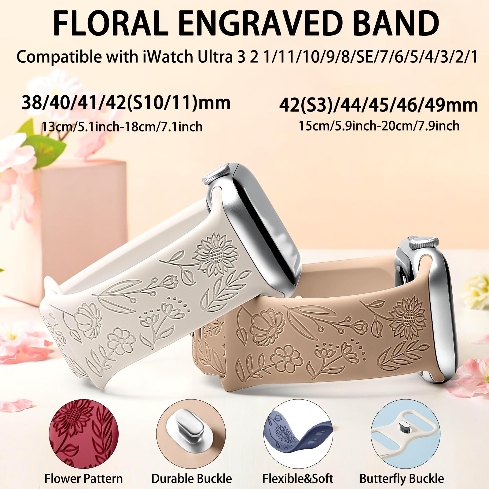 6-Pack Floral Engraved Silicone Apple Watch Bands – Soft Sport Strap 38–49mm (Series 1–11, SE, Ultra / Ultra 2 / Ultra 3), Women
