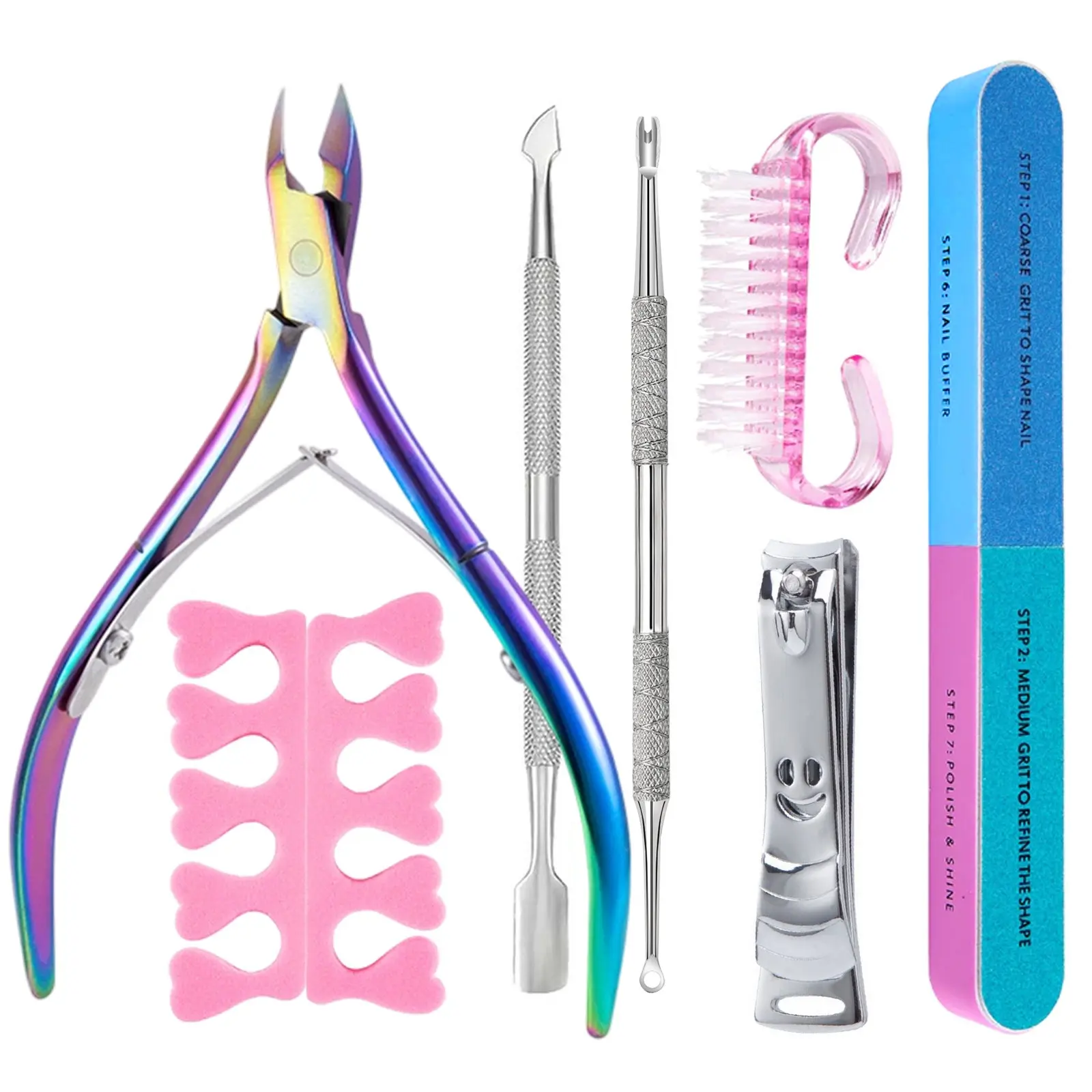 7-Piece Manicure Set, Manicure Pedicure Set: Stainless Steel Double-End Cuticle Pusher, Titanium Cuticle Nipper, Large Nail Clipper, 7-Sided Edge Polishing Nail File, Horn Nail Brush, Toe Separators