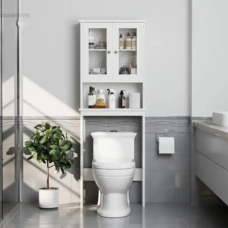 JoyCart6 White Stable Over-Toilet Storage Cabinet - Bathroom Space Saver with Raised Panel Doors, Adjustable Decorative Racks, Washing Machine Compartment23ROADREVIVE