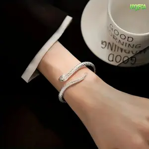 Adjustable Open Snake Bangle Bracelet, Silver Plated Hollow Scale Textured Snake Cuff With Tiny Green Zircon Eye, Hypoallergenic Open Wrap Zodiac Snake Jewelry, Minimalist Punk Gothic Trendy Accessory For Daily Streetwear Vintage Party Stack Wrist Decor