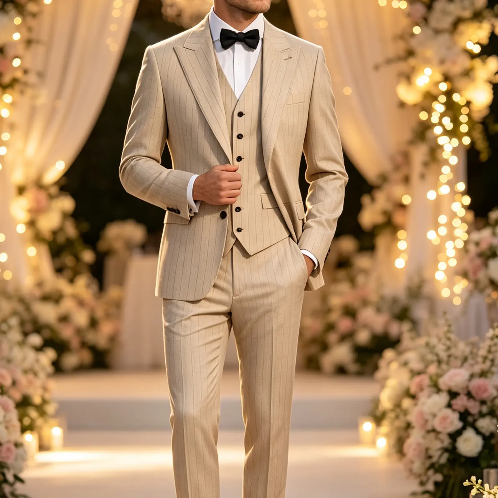 Men’s Khaki Pinstripe 3 Piece Suit Slim Fit Blazer Vest Pants Formal Wedding Groom Business Suit Set