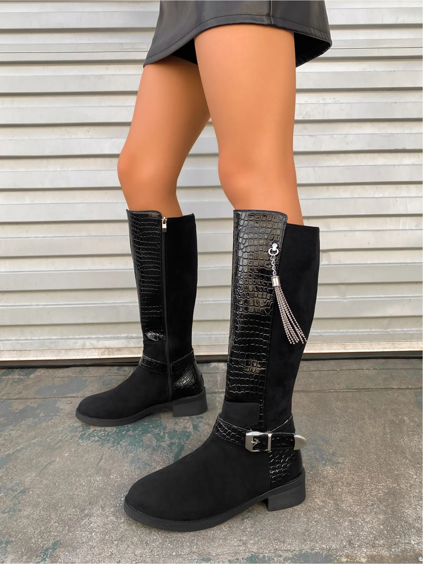 Nightclub & Date Versatile Croc Patch Rhinestone Tassel Knee High Boots Wide Roomy Round Toe Side Zip Shock Absorbing Non Slip Low Chunky Heel Retro Sweet Fashion Tall Boots