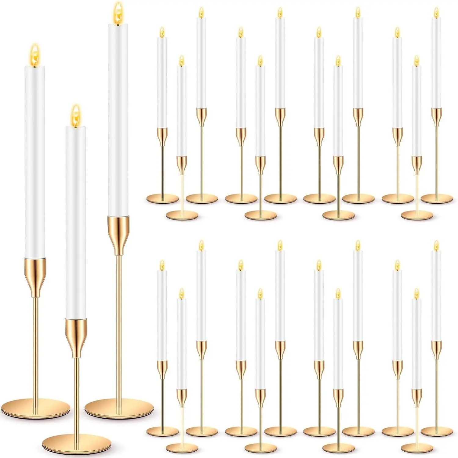 30 Pcs Gold Candlestick Holders with Flameless LED Candles Bulk Includes 15 Metal Candle Holders and 15 Battery Operated Taper Candles for Wedding Valentines Table Centerpieces Home Decor