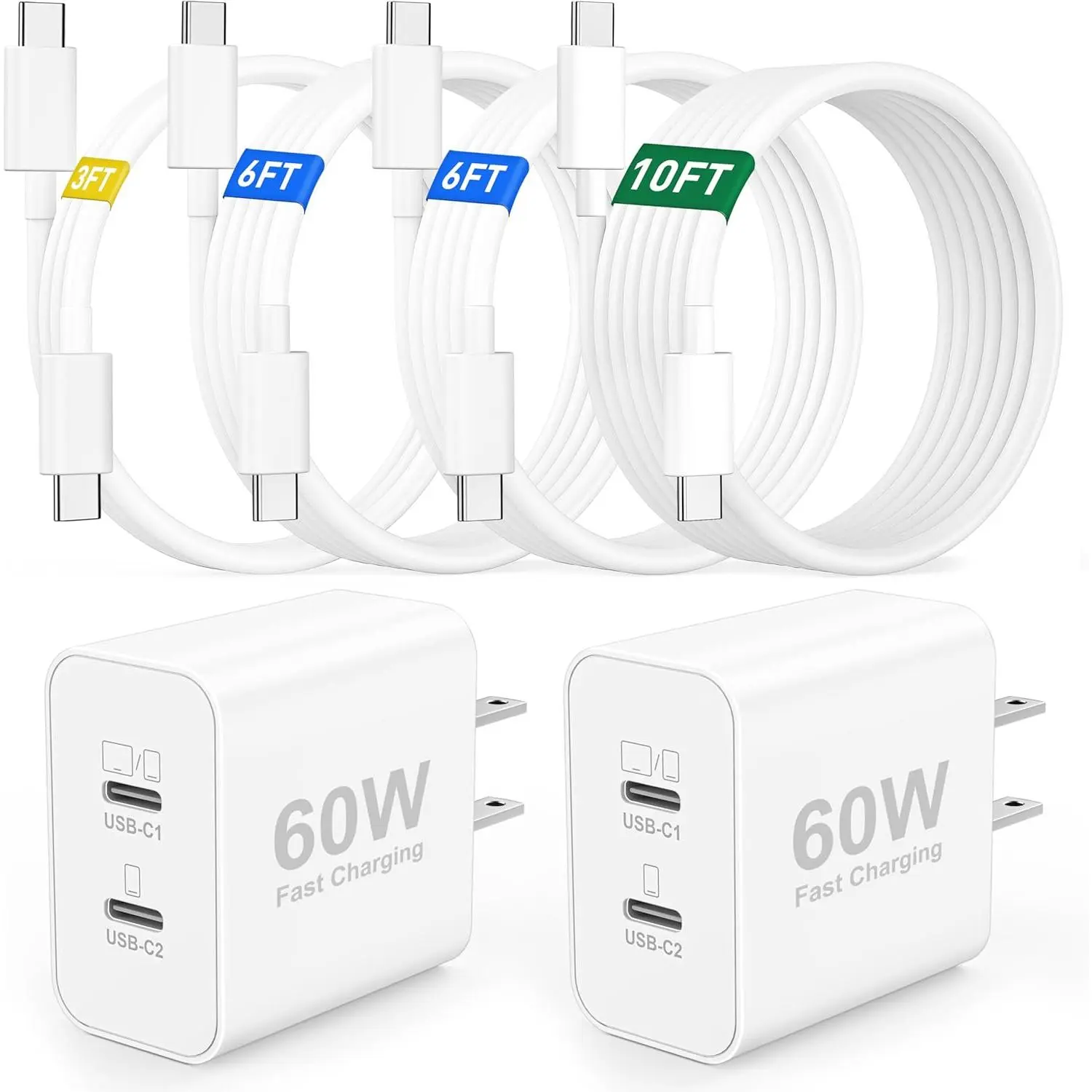 2 Pack 60W  Port USB C Super  Charger for  17 16 15 Pro Max | GaN Type C Wall Charger   Block, with 3/6/6/10FT Long USB-C , for  17 16 iPad MacBook Air Accessories