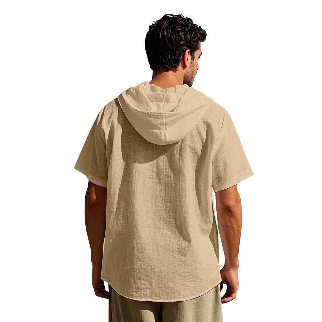 American-style Summer Lightweight Breathable Linen Amekaji Loose-fitting Hooded Men's Short-sleeve Shirt 95% Linen 5% Polyester Casual Menswear