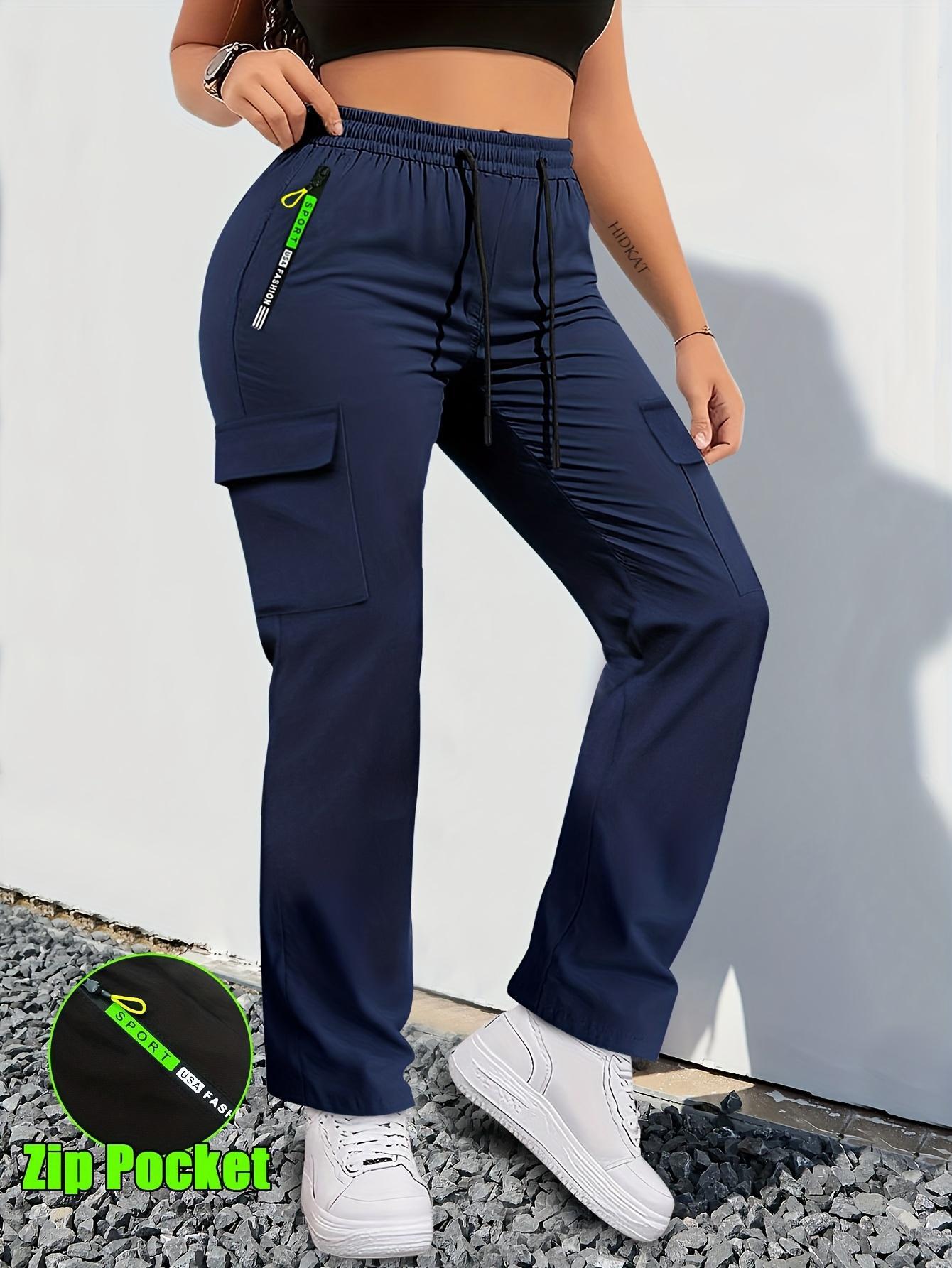 Women's Regular Fit Cargo Pants - 4 Functional Pockets (Including Zip Pocket) with Adjustable Drawstring Waist | All-Season Comfort in Smooth, Durable Fabric | Versatile for Casual Wear & Outdoor Activities