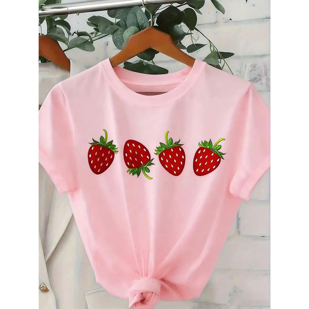 Women's Cotton Short-Sleeve Round Neck T-Shirt - 1 Piece, Cute Strawberry Pattern, Loose Fit, Knitting-Crochet Details, Non-Stretch Fabric, Machine Washable, Ideal for Daily & Party Wear, Stretchable