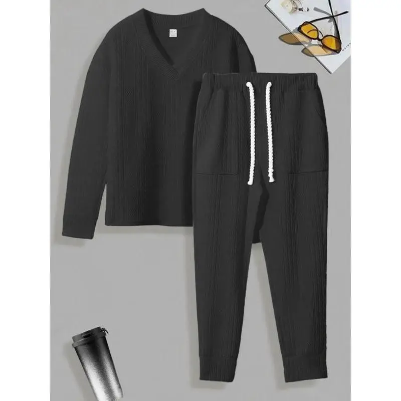 Men's V-Neck Jacquard Sweater Pants Set, Knitted Casual Sportswear, Fall Winter Fashion, Hot Selling on Independent Station