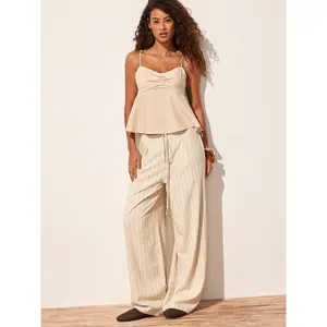 Cider   Sweetheart  Drawstring Cami Top and Striped Wide-Leg Pants Set