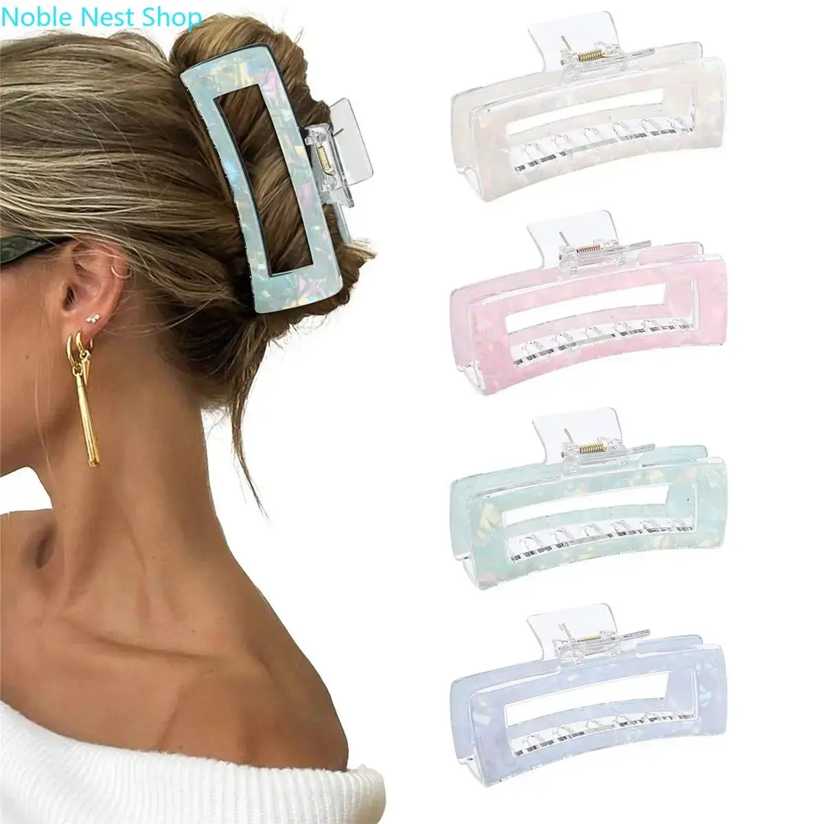 4Pcs Oversized Acrylic Hair Claw Clips for Women, Rectangle & Butterfly Non-Slip Jaw Clips, Strong Durable Jumbo Barrettes for Thick Long Hair Daily Hairstyle Accessories