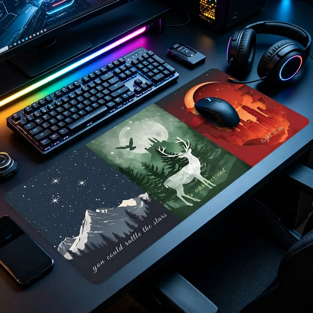 Forest Deer Large Gaming Mouse Pad, Three Panel Mountain Moon Starry Sky Design Extended XXL Desk Mat with Stitched Edge & Non-Slip Rubber Base, Suitable for Gaming Rooms, Home Offices & Bedroom Desks, Perfect for Gamers and Nature Scenery Lovers