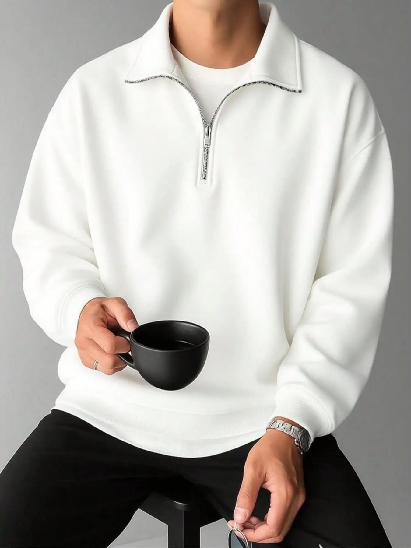 Men's Half-Zip Stand Collar Sweatshirt, Pure Loose Fit, Oversize, Quarter Zip Pullover, Long Sleeve Casual Streetwear, Fall & Winter